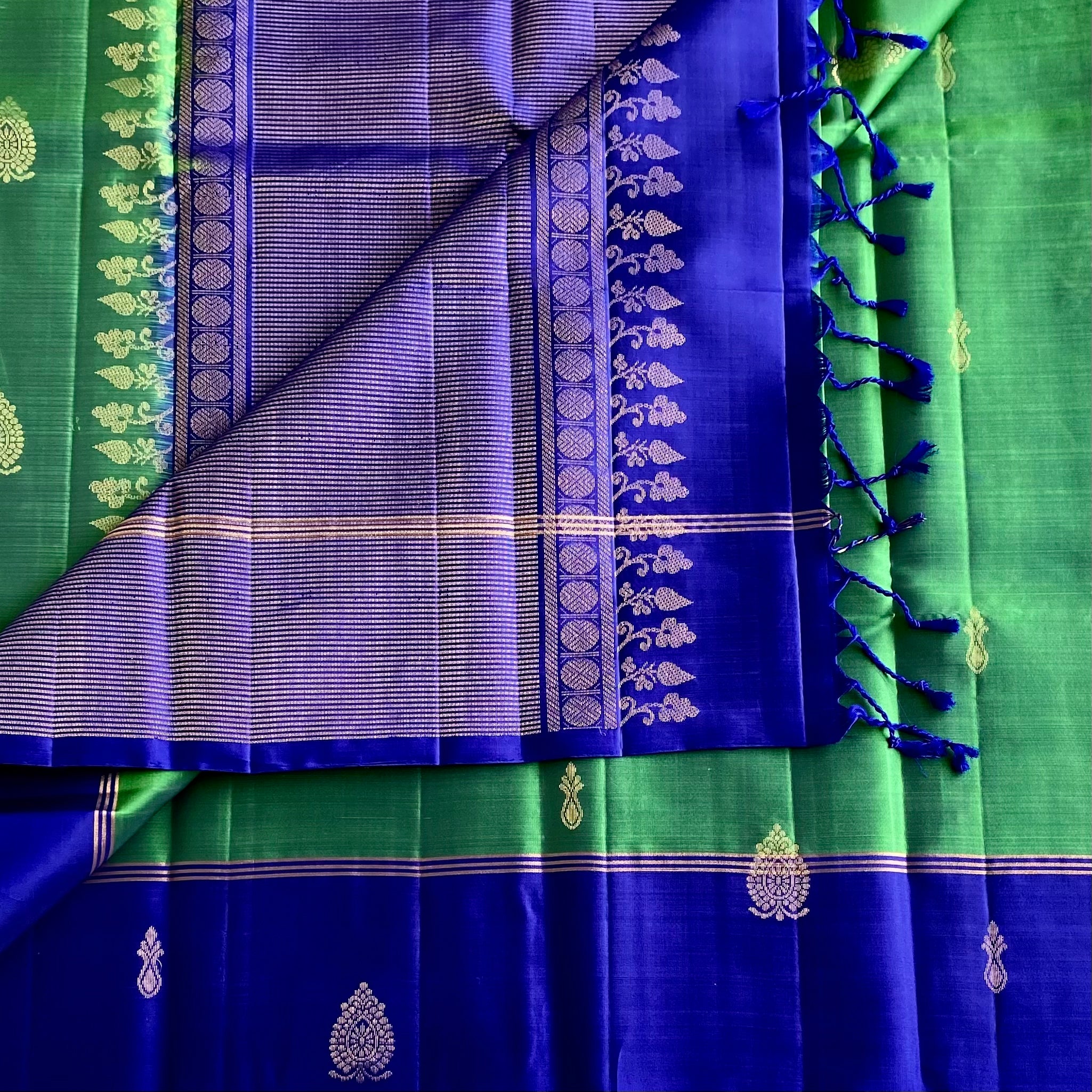 Jewel Tone Green with Royal Blue Designer Pure Silk Saree