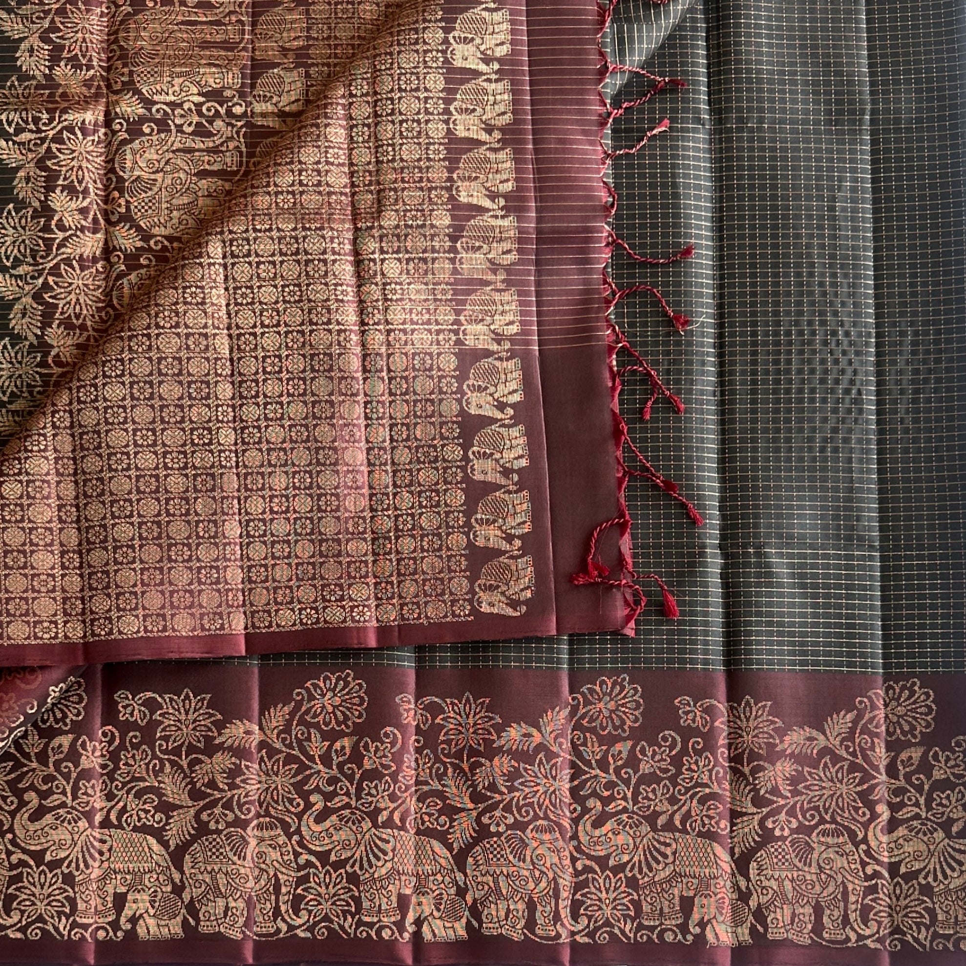 Burgundy Brocade Silk Saree With Elephant Zari Border For Weddings