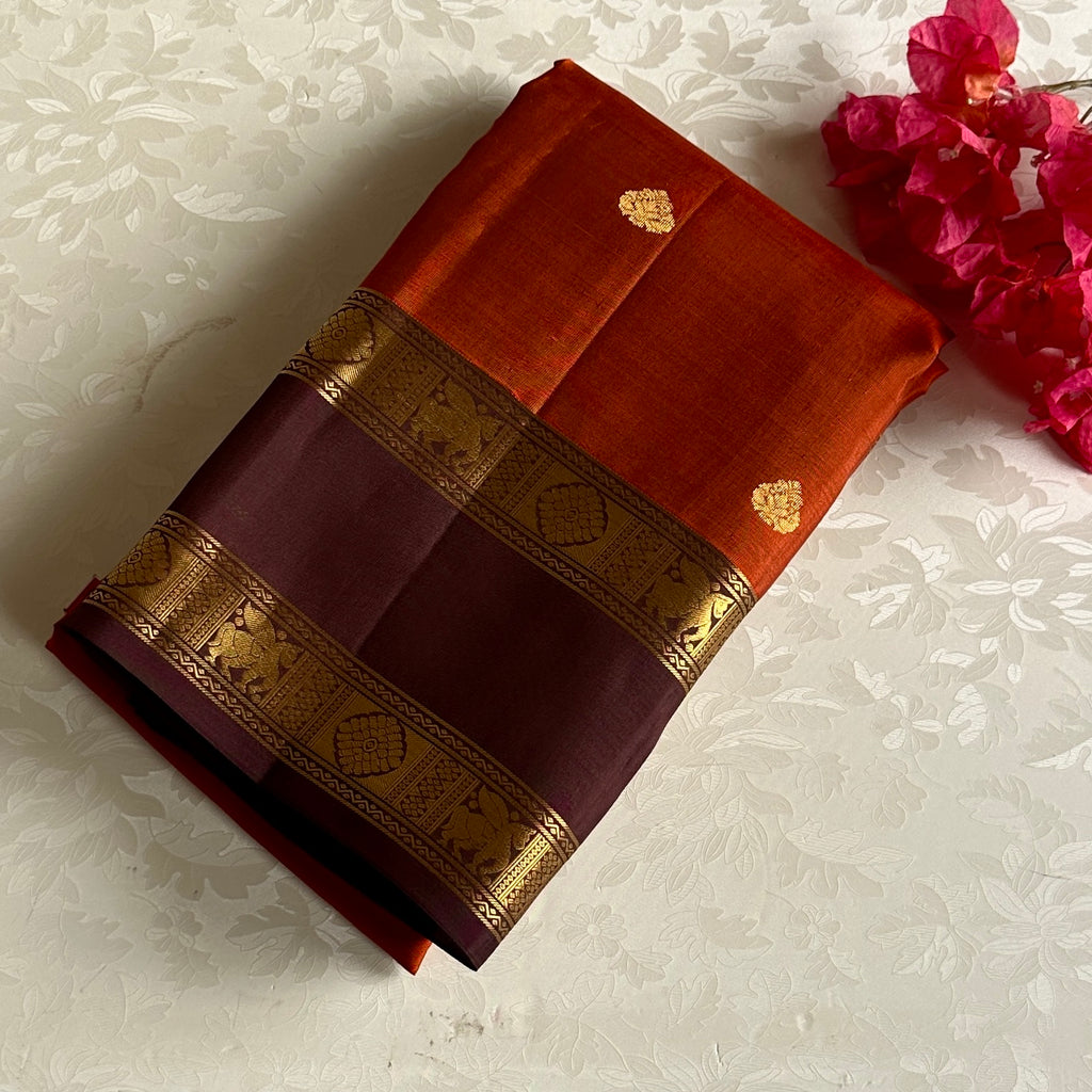 Deep Rust Designer Pure Silk Saree With Wine Brown Pallu