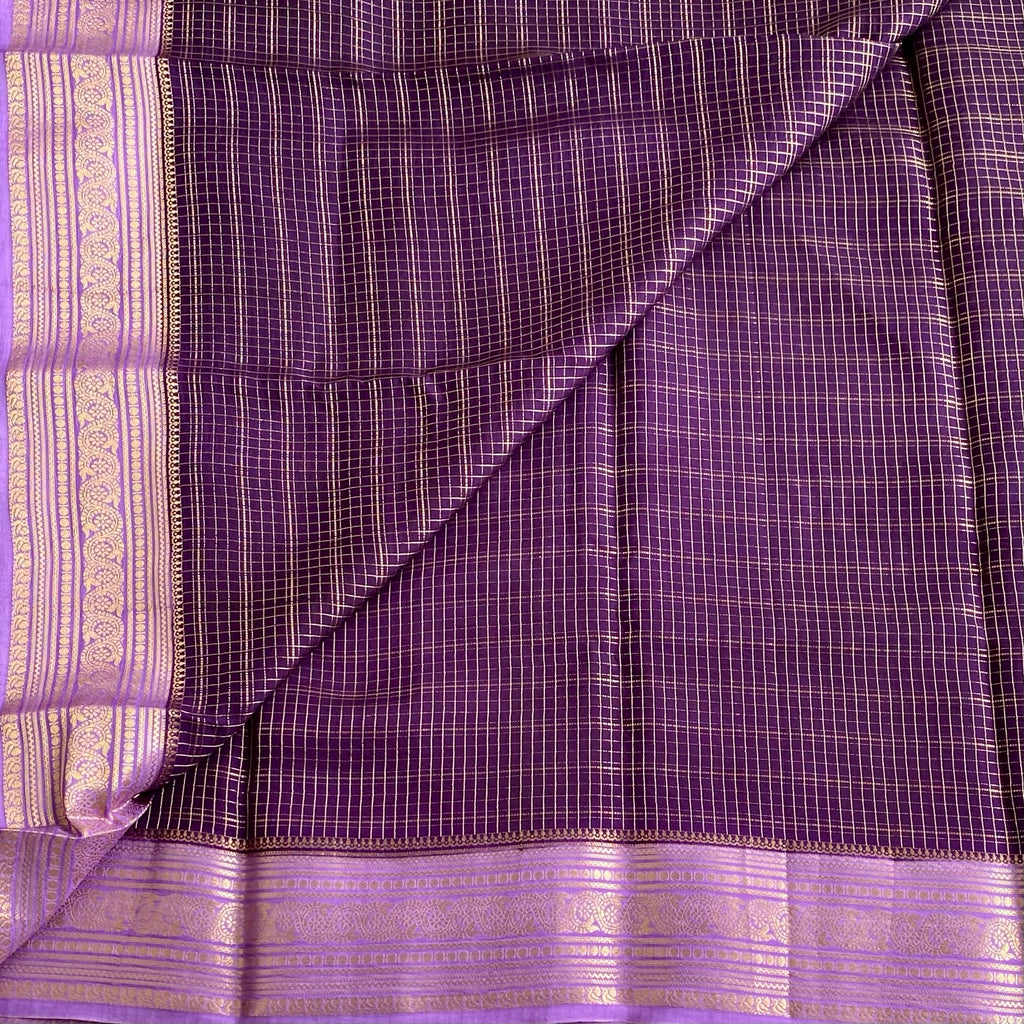 Deep Purple Soft Tussar Silk Saree With Lilac Pallu And Gold Border