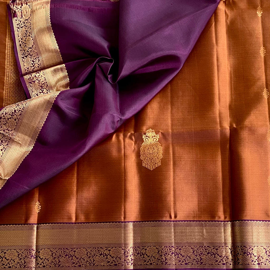 Burnt Orange Designer Pure Silk Saree With Plum Pallu And Zari