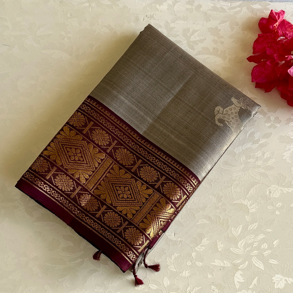 Silvery Beige Designer Pure Silk Saree With Deep Maroon Pallu Gold Border