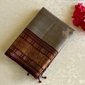 Silvery Beige Designer Pure Silk Saree With Deep Maroon Pallu Gold Border