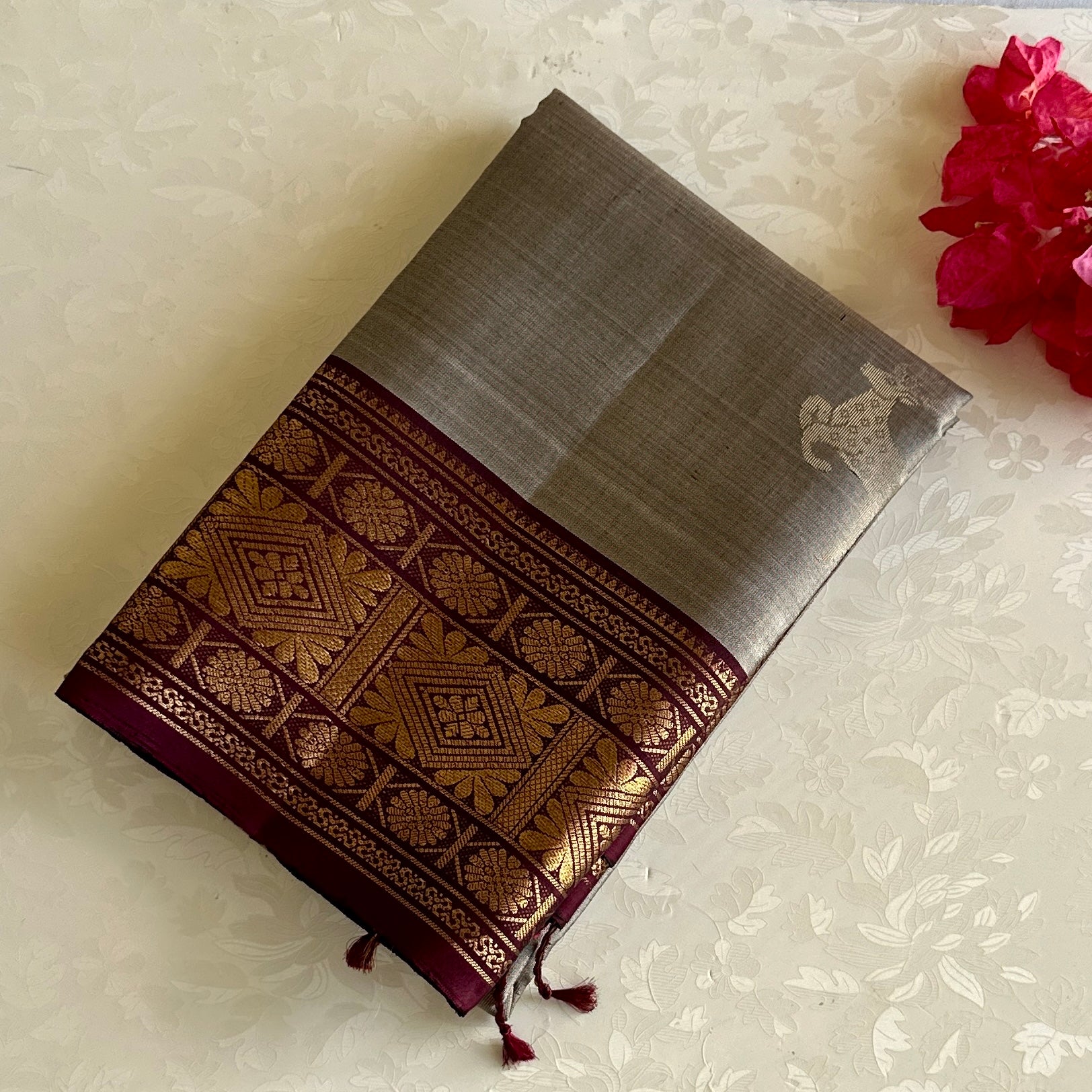 Silvery Beige Designer Pure Silk Saree With Deep Maroon Pallu Gold Border