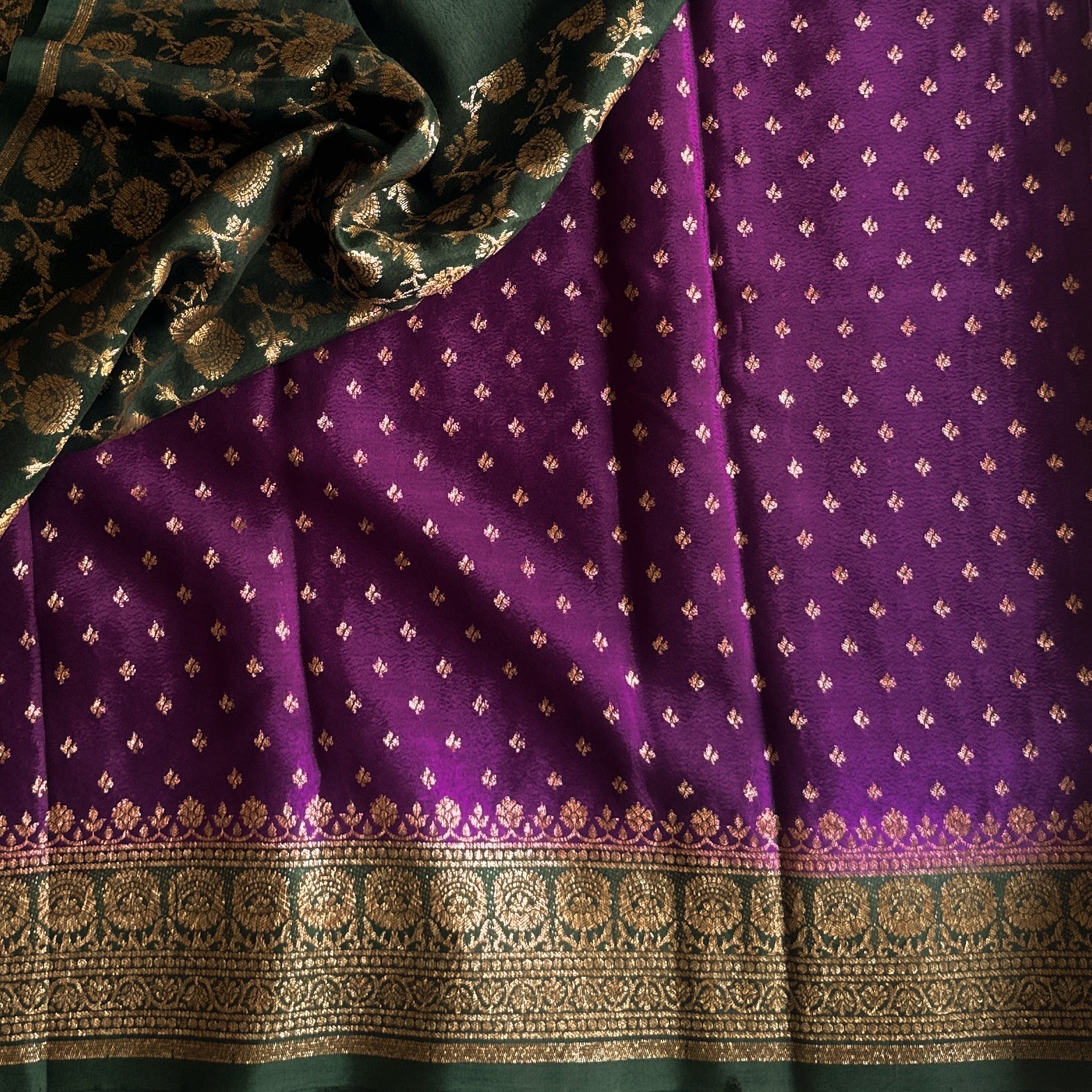 Purple with dark bottle green Banarasi soft crepe silk
