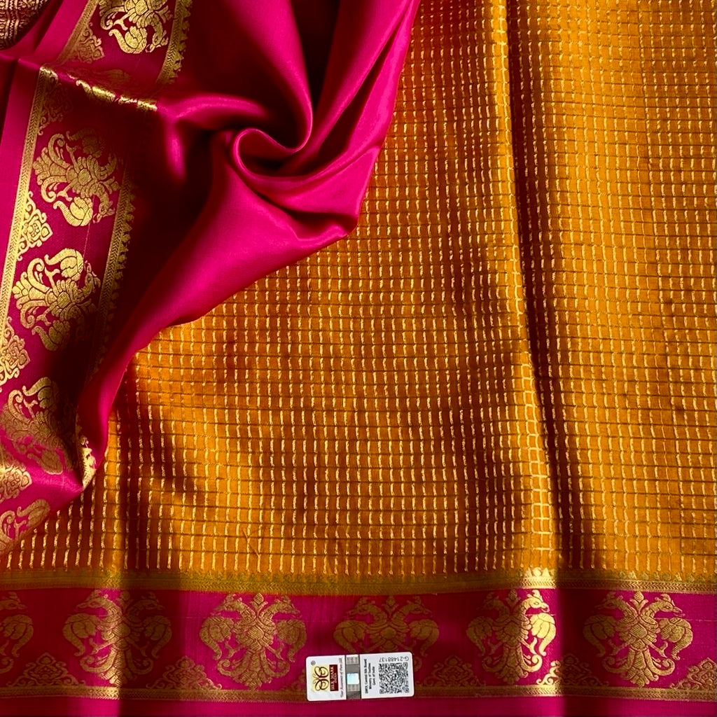 Mysore Crepe Silk Deep Mustard Saree With Rani Pink Border And Zari