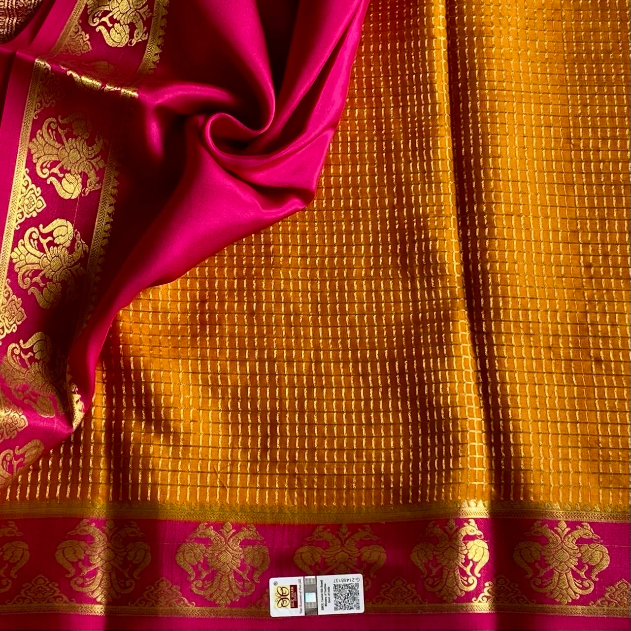 Mysore Crepe Silk Deep Mustard Saree With Rani Pink Border And Zari