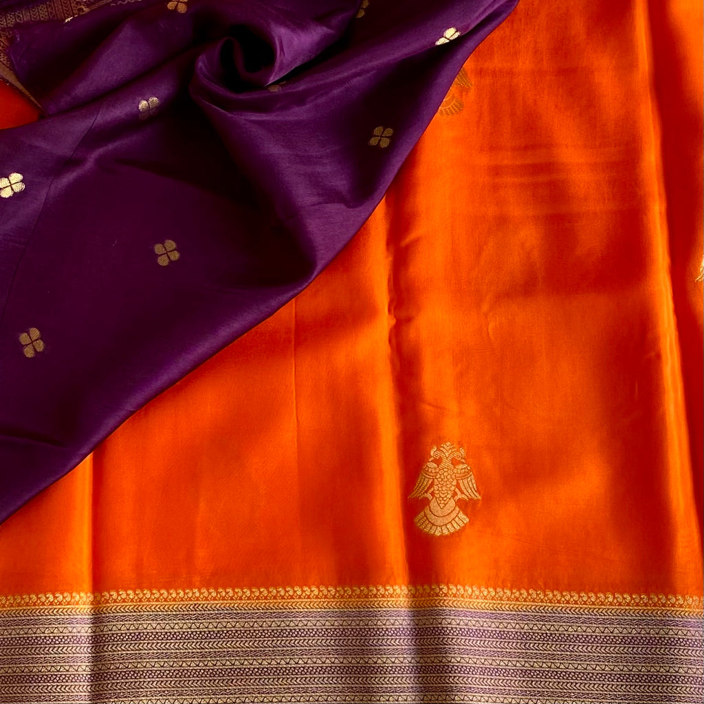 Designer Orange Soft Crepe Silk Saree With Royal Purple Pallu