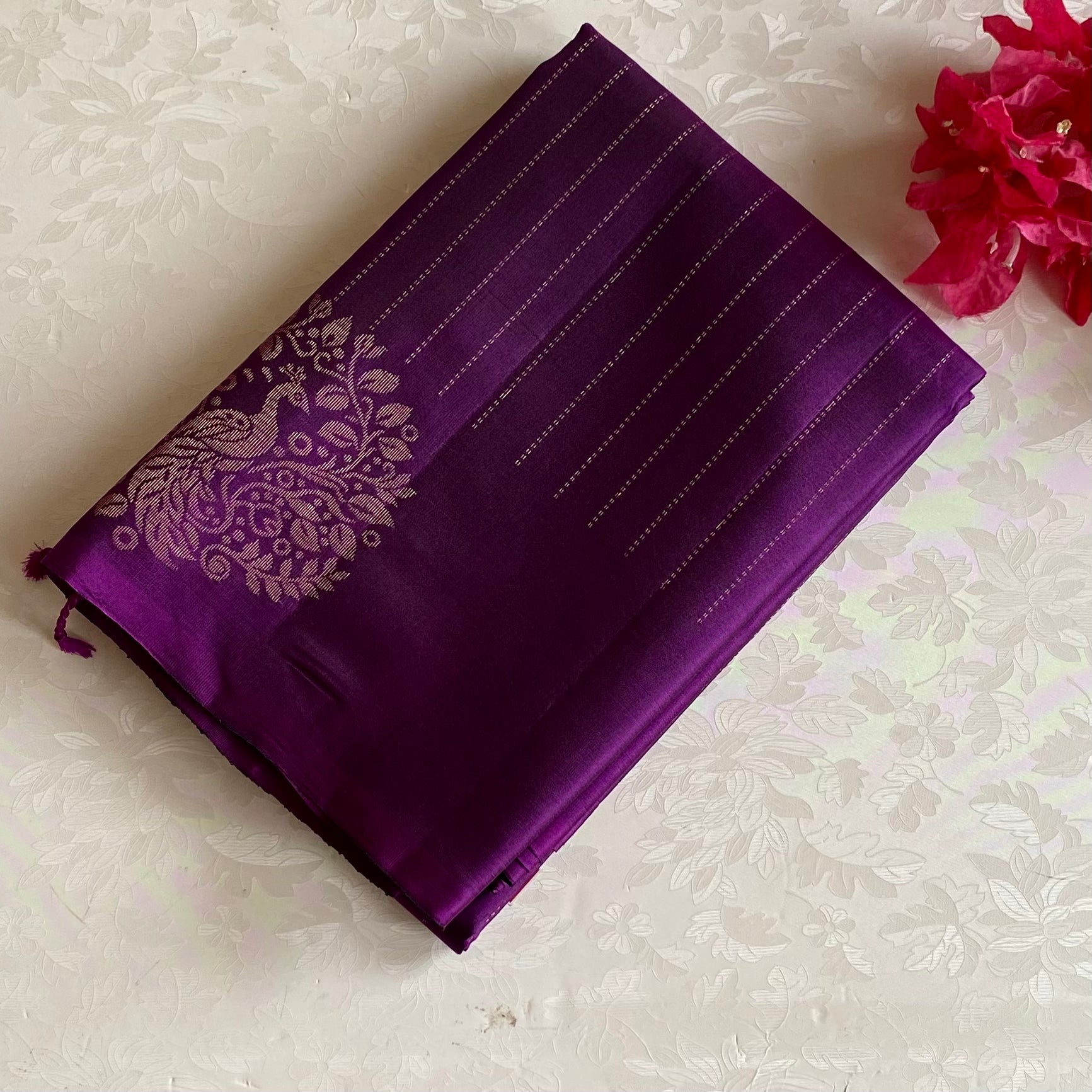 Royal Purple Designer Pure Silk Saree With Antique Gold Zari Stripes