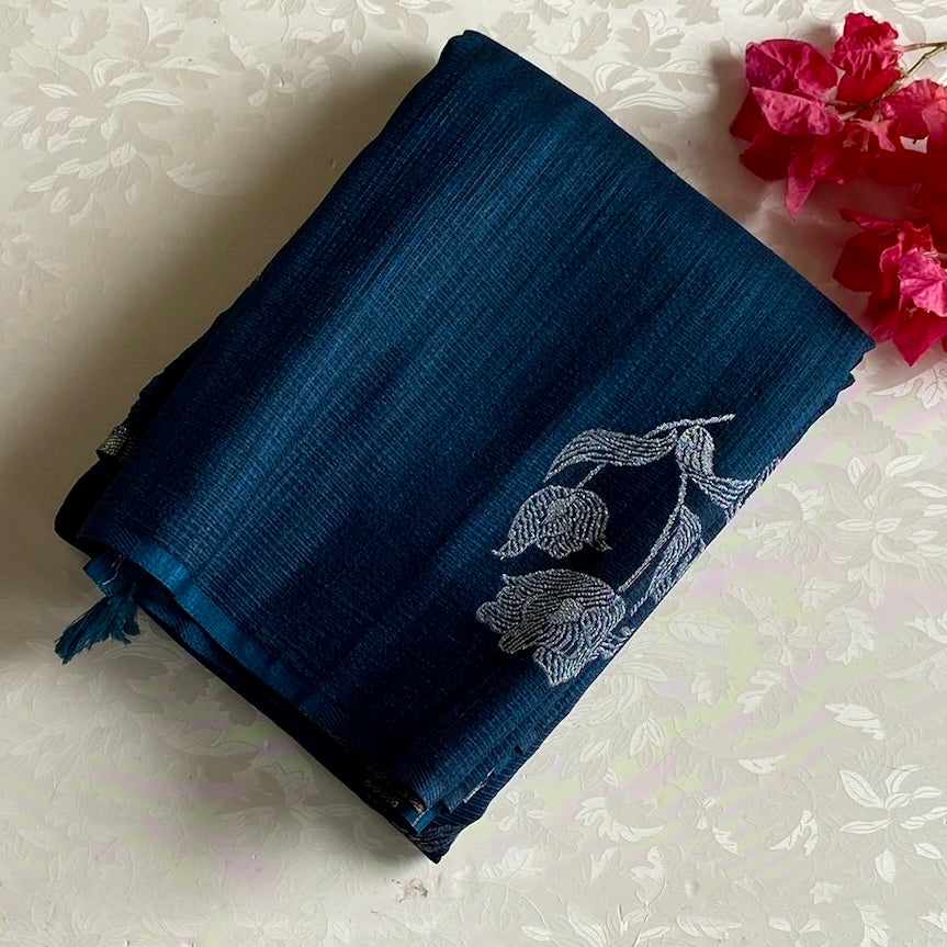 Teal Blue Soft Jute Tussar Saree With Silver Brocade Pallu