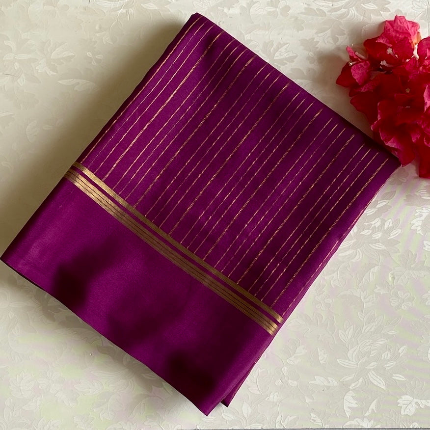Plum Purple Mysore Crepe Silk Saree With Antique Gold Stripes