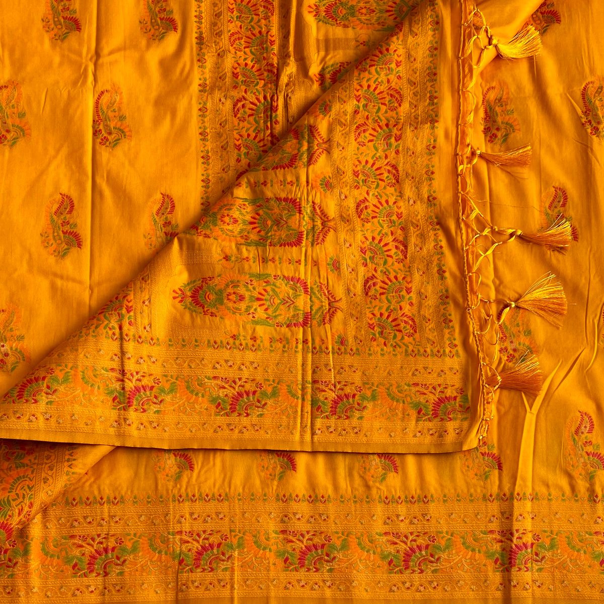 Sunset Yellow Meenakari(Woven not printed )Soft Tussar Saree With Vibrant Woven Pallu