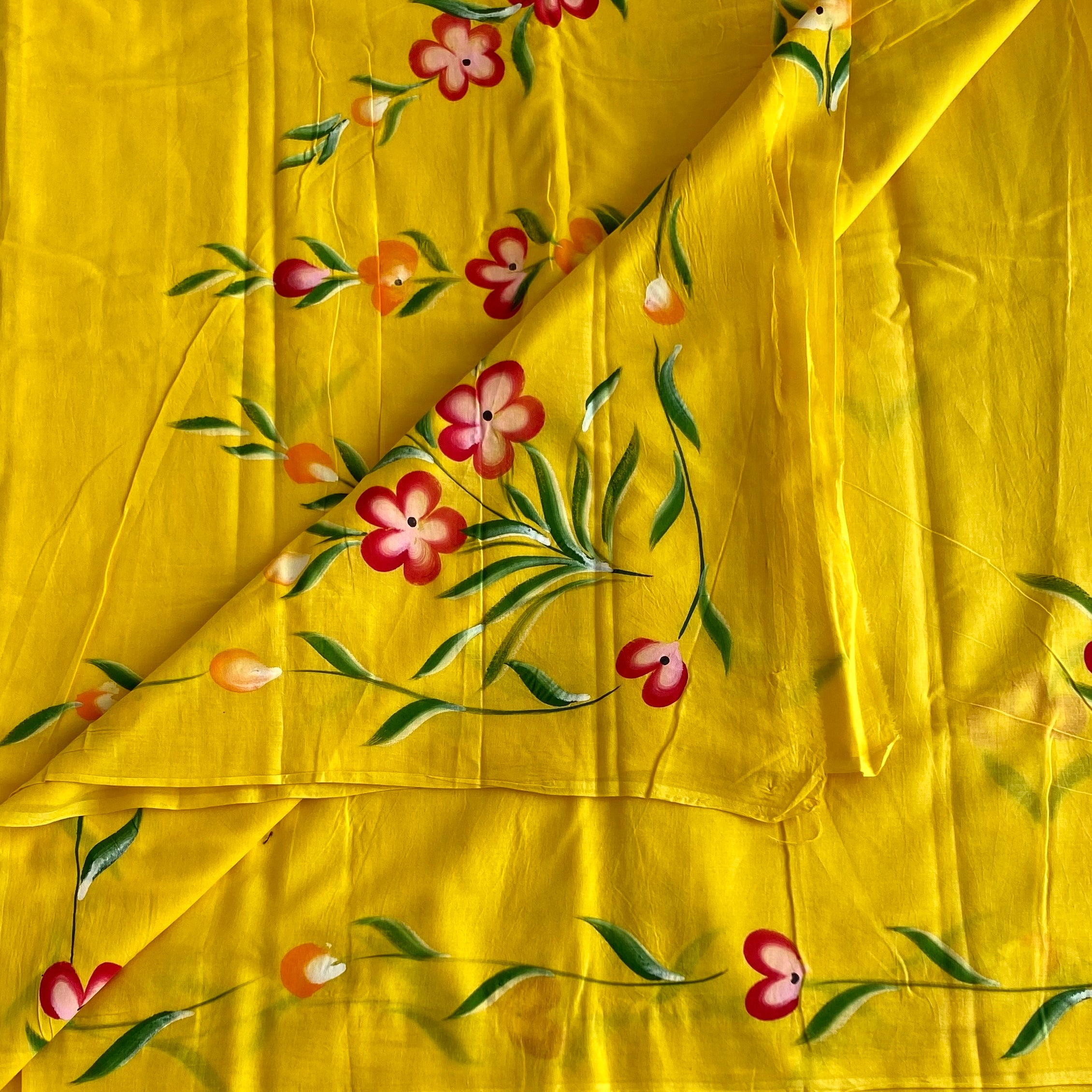 Bright Yellow Soft Tussar Silk Saree With Rani Pink Florals