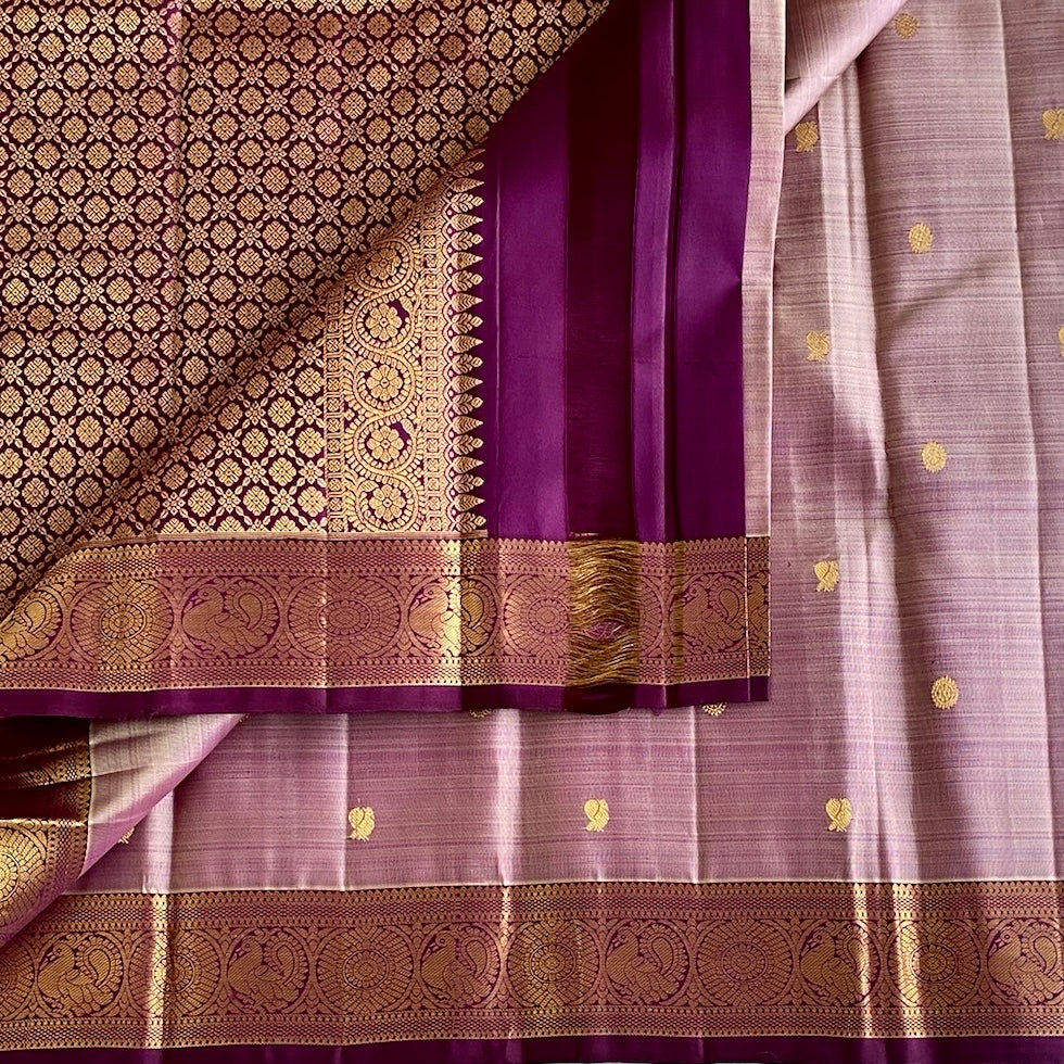 Dusty Mauve Kanjeevaram Pure Zari Silk With Royal Magenta Pallu