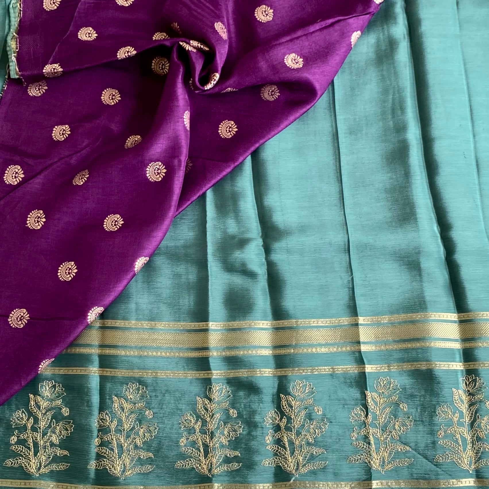 Teal Blue Soft Crepe Silk Saree With Gold Woven Stripes