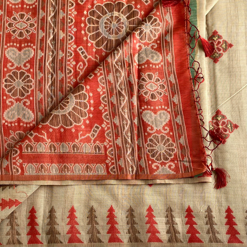 Warm Beige Coral Soft Jute Tussar Saree With Floral Pallu