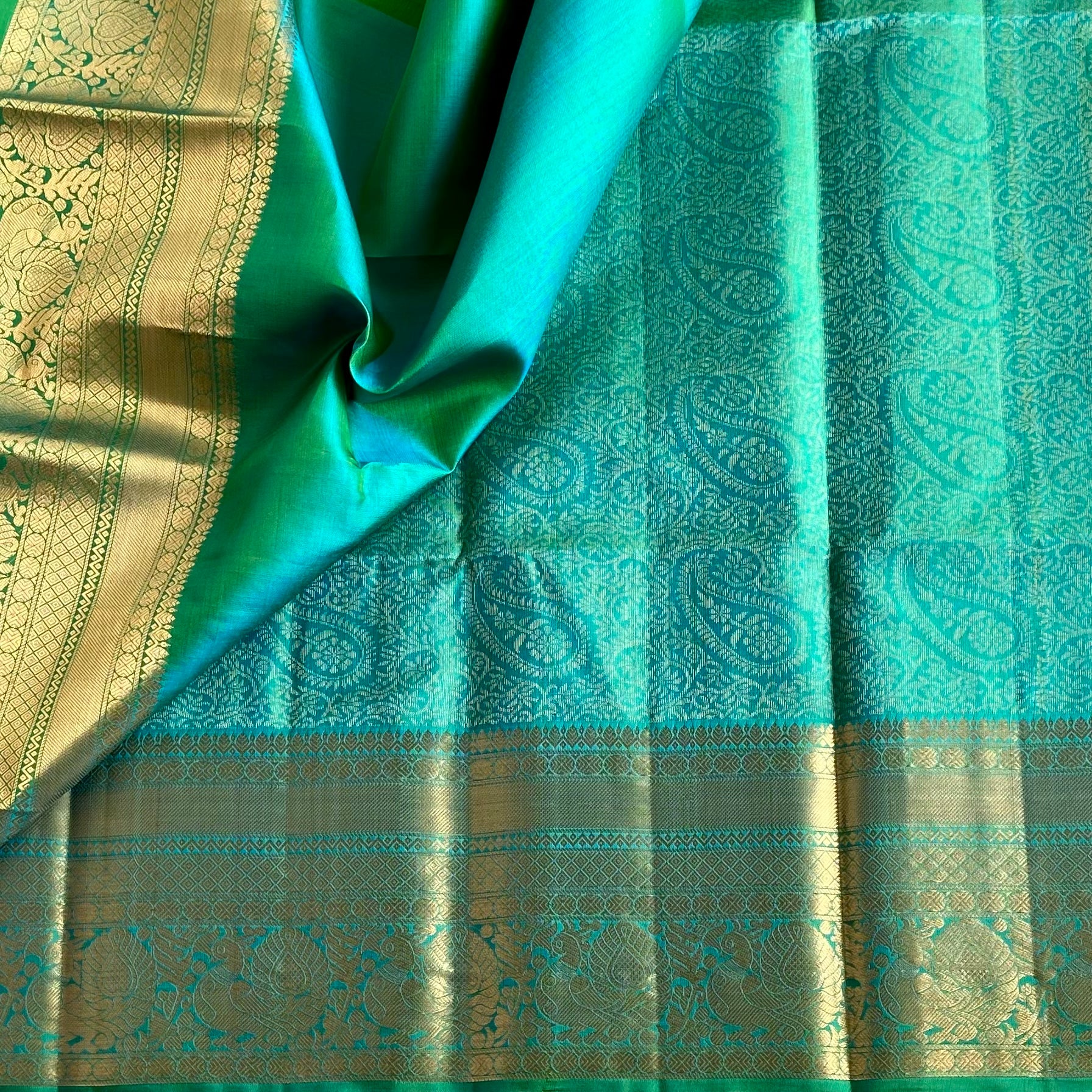 Sea Green Designer Brocade Pure Silk Saree With Metallic Gold Border