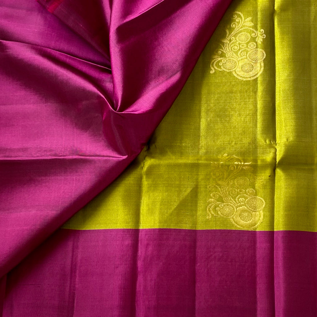 Magenta Olive Green Silk Saree Gold Brocade Floral Pallu