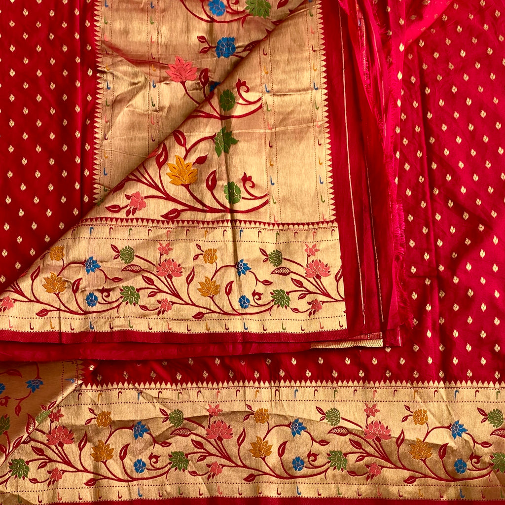 Cherry Red Soft crepe Silk Saree With Antique Gold Floral Pallu