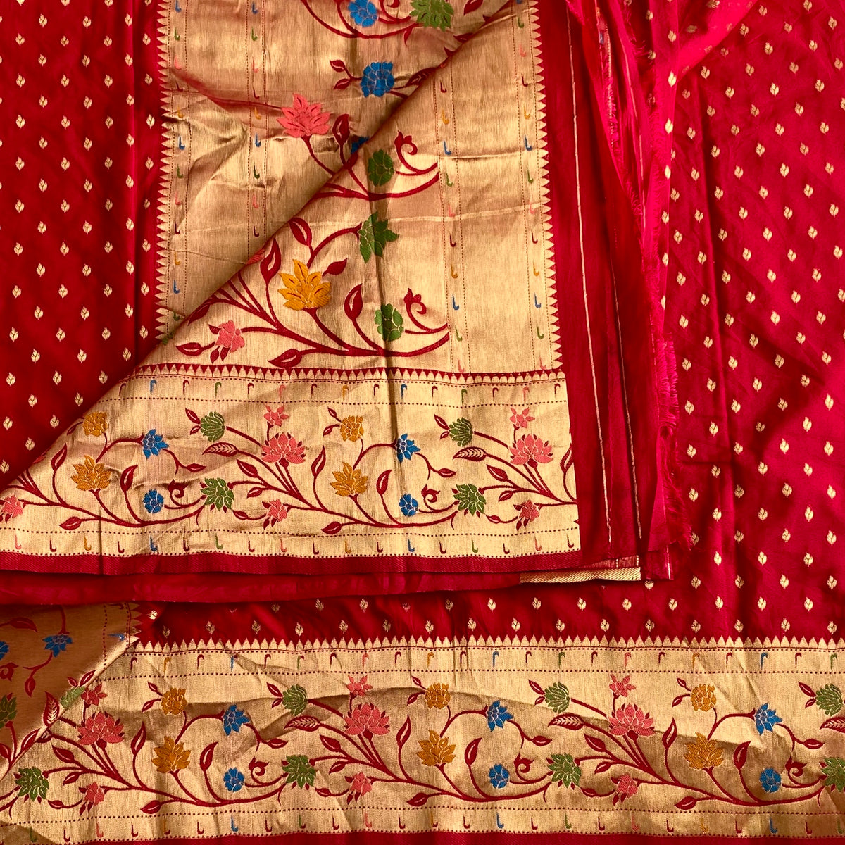 Cherry Red Soft crepe Silk Saree With Antique Gold Floral Pallu