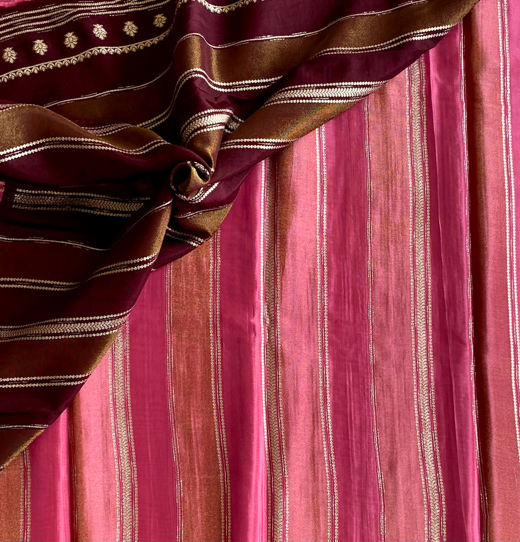 Shades of Rose pink designer blended soft silk with zari stripes and contrast brown stunner blouse