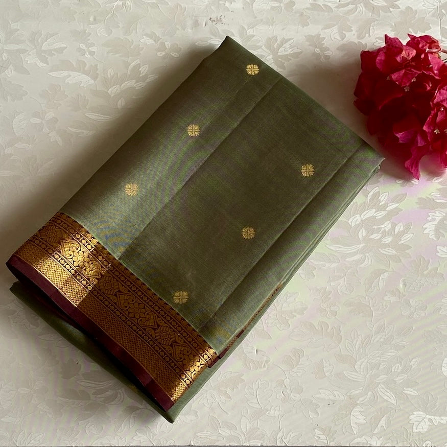 Sage Green Designer Pure Silk Saree With Deep Maroon Pallu