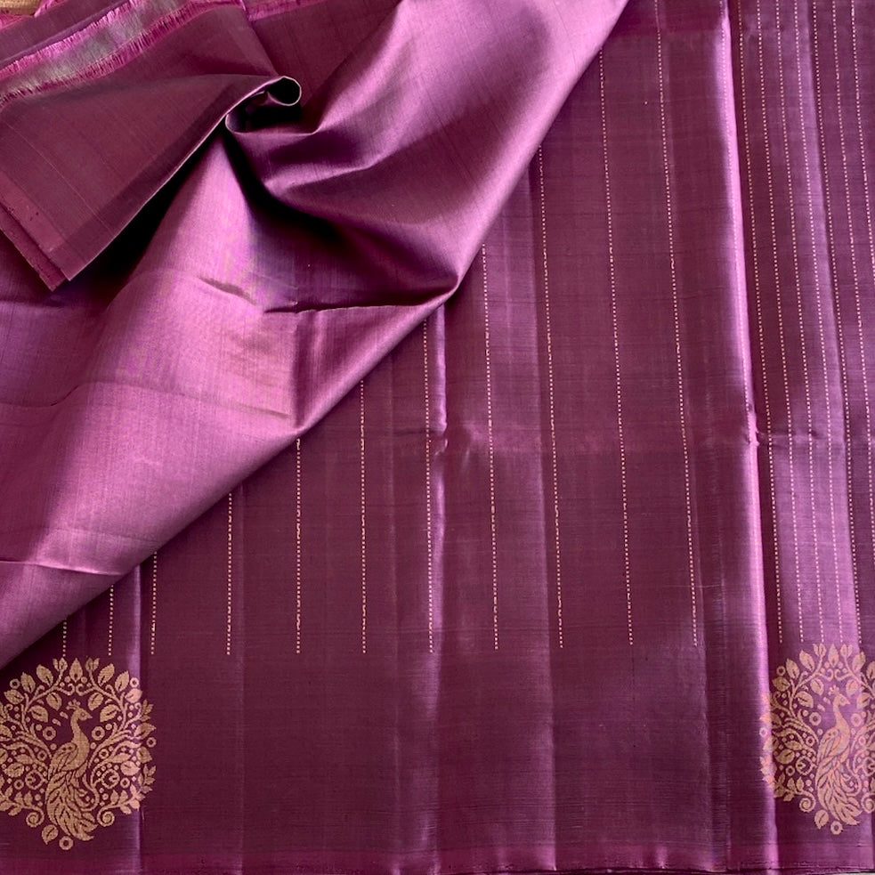 Plum Purple Designer Pure Silk Saree With Antique Gold Border And Pallu