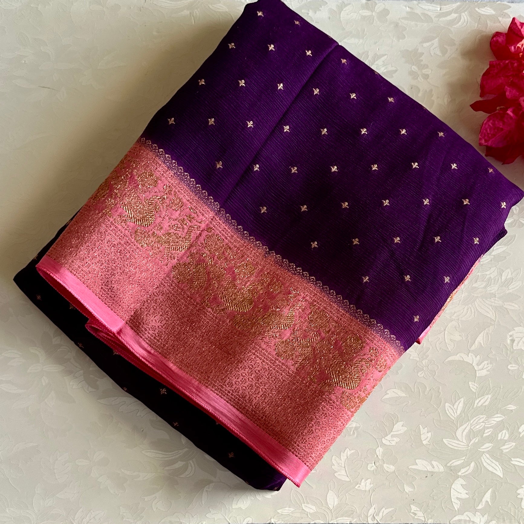 Royal Purple Soft Tussar Silk Saree With Rani Pink Pallu