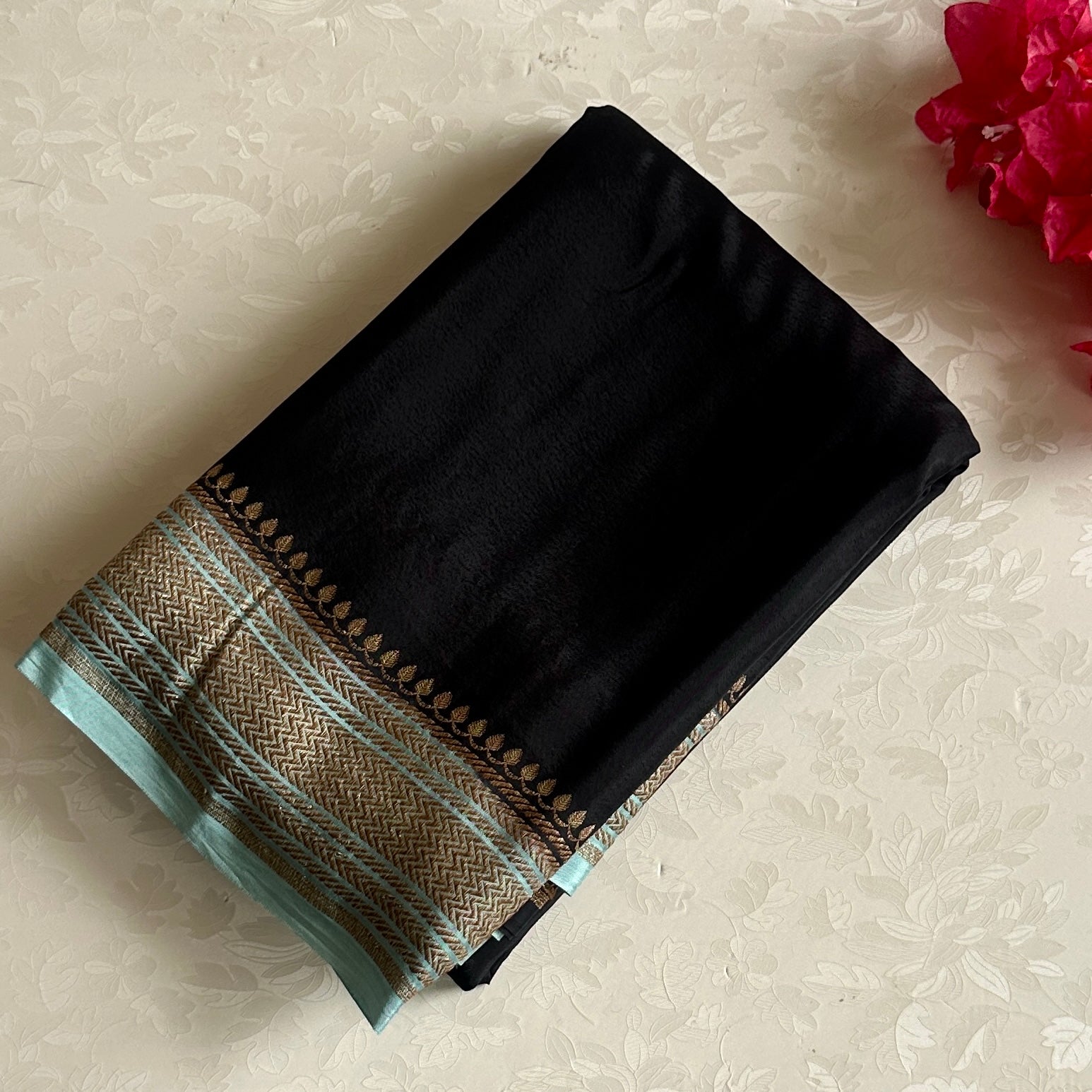 Jet Black Banarasi Crepe Silk Saree Aqua Mint Pallu Gold Border
