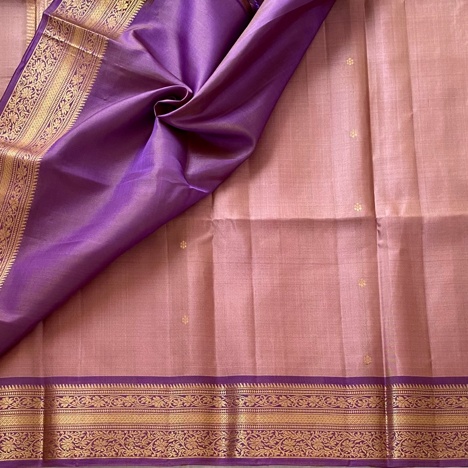 Rare Mauve Bronze Designer Pure Silk Saree Lavender Purple Zari Border Contrast Pallu