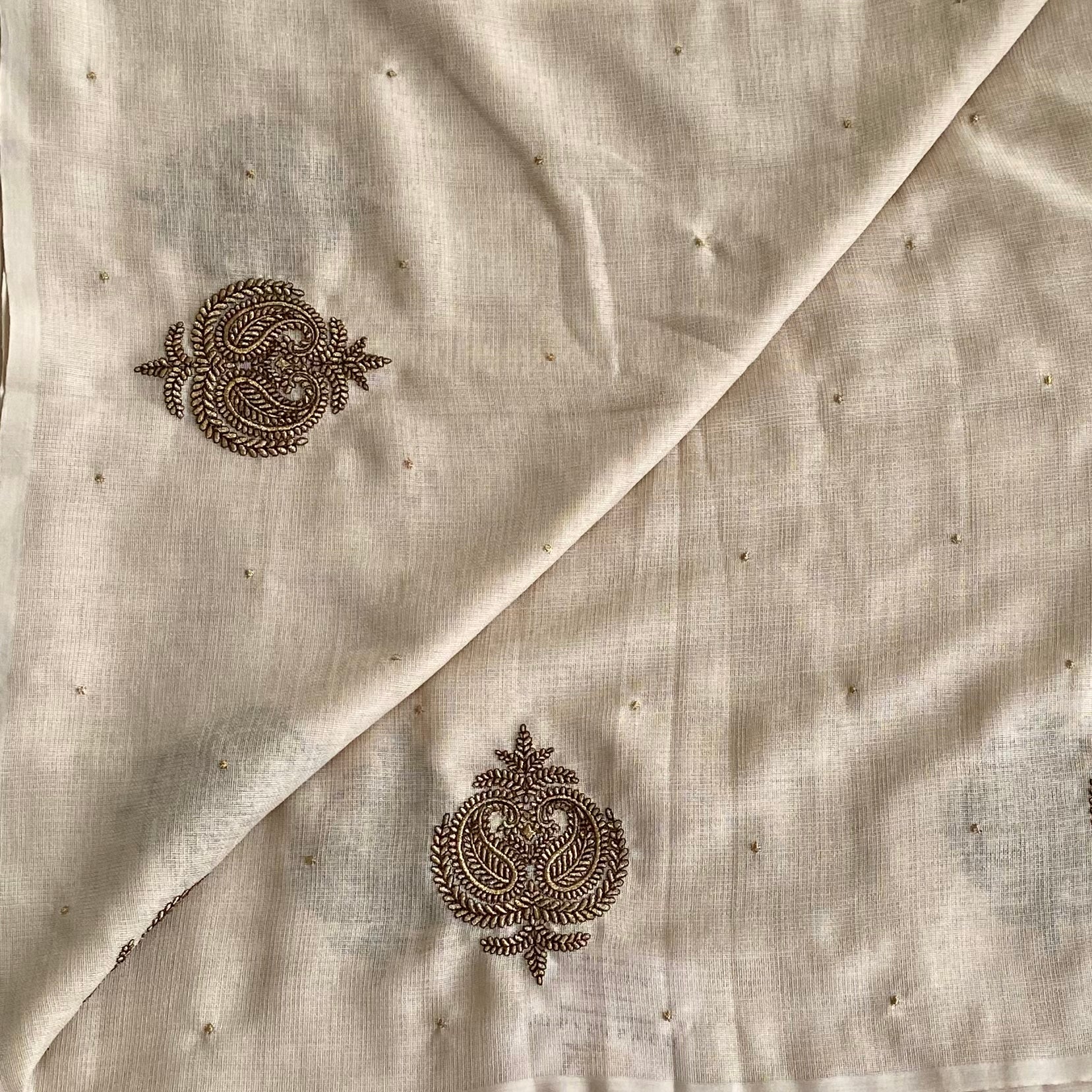 Beige Paisley Embroidered Silk Saree with Macrame Tassels Gold Buti