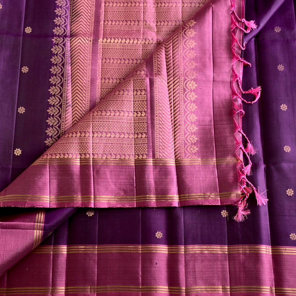 Deep Purple Designer Pure Silk Saree With Metallic Pink Pallu