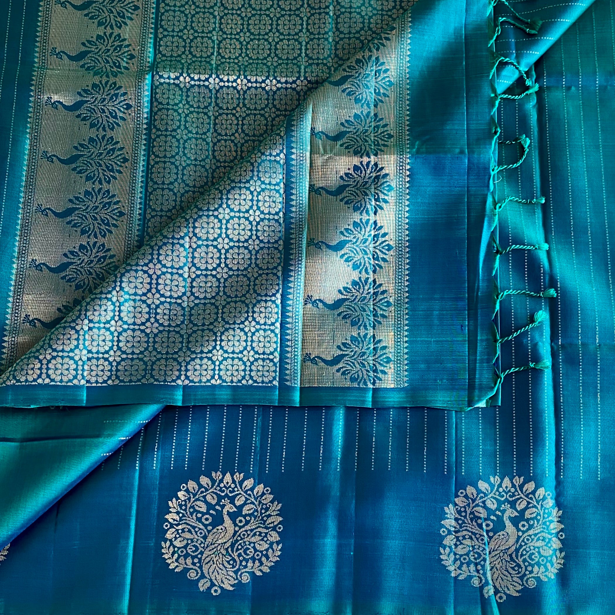 Teal Blue Designer Pure Silk Saree With Emerald Green Pallu