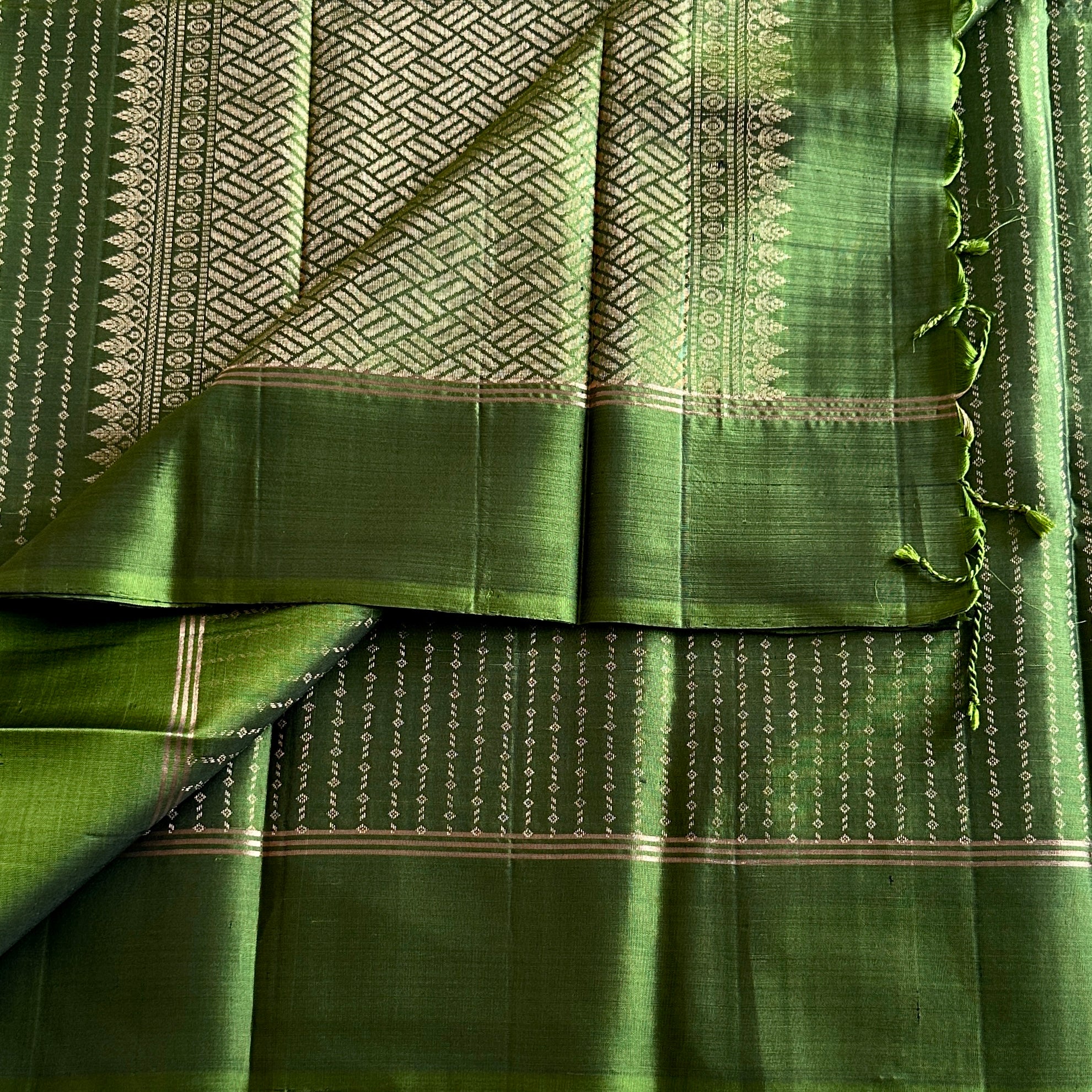 Classy Olive Green Silk Saree Gold Zari Geometric Pallu Buti Motifs