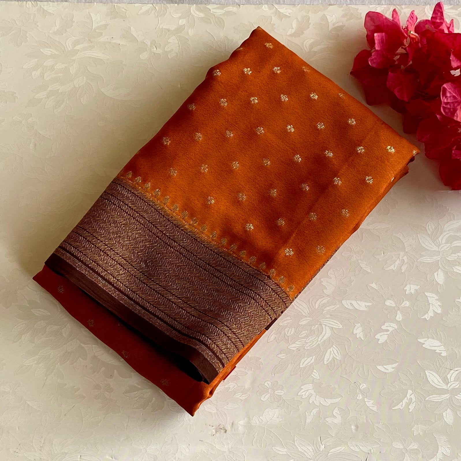 Burnt Orange Banarasi Soft Crepe Silk With Chocolate Brown Pallu
