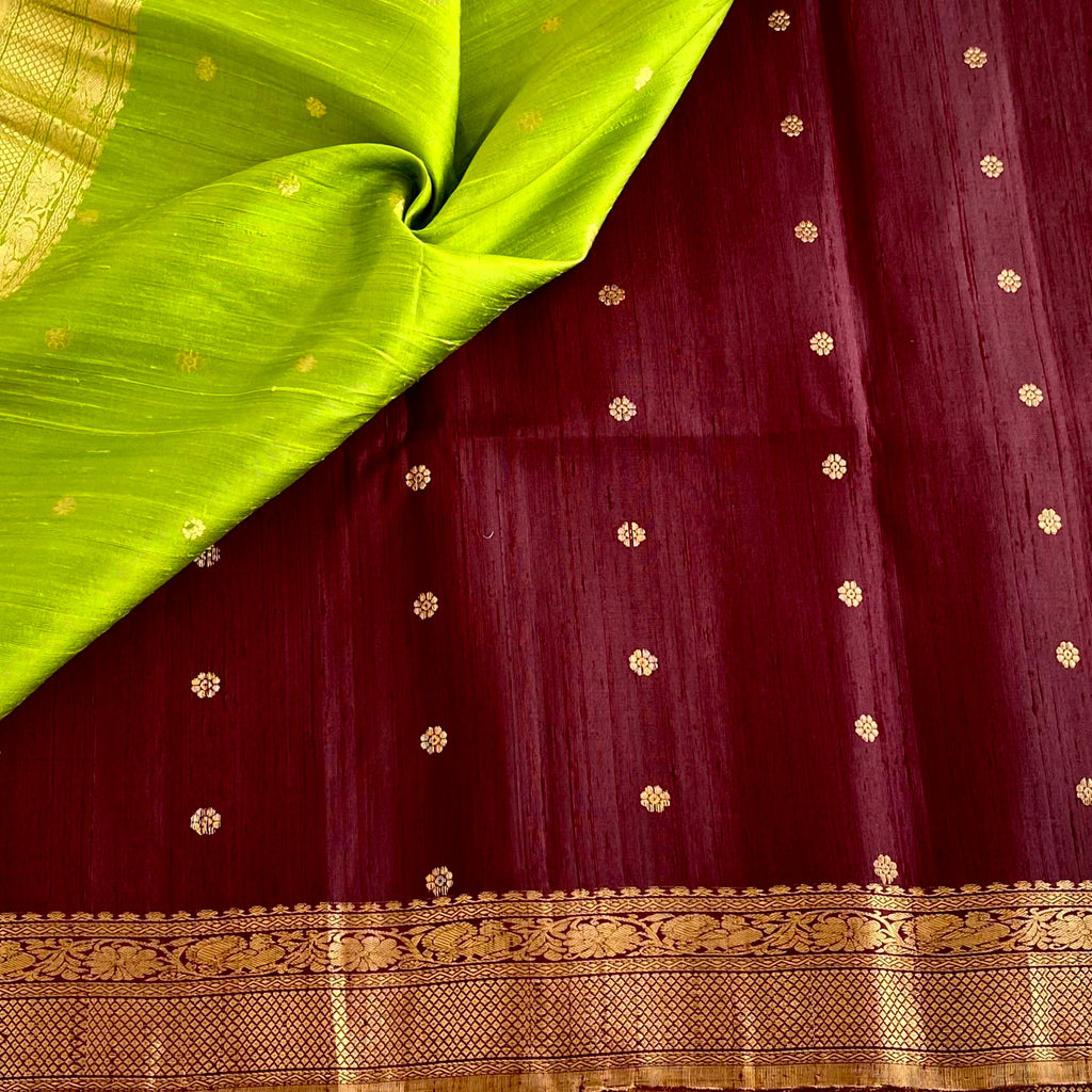 Deep Chocolate Designer Pure Raw Silk Saree With Antique Gold Zari Border & Green Blouse