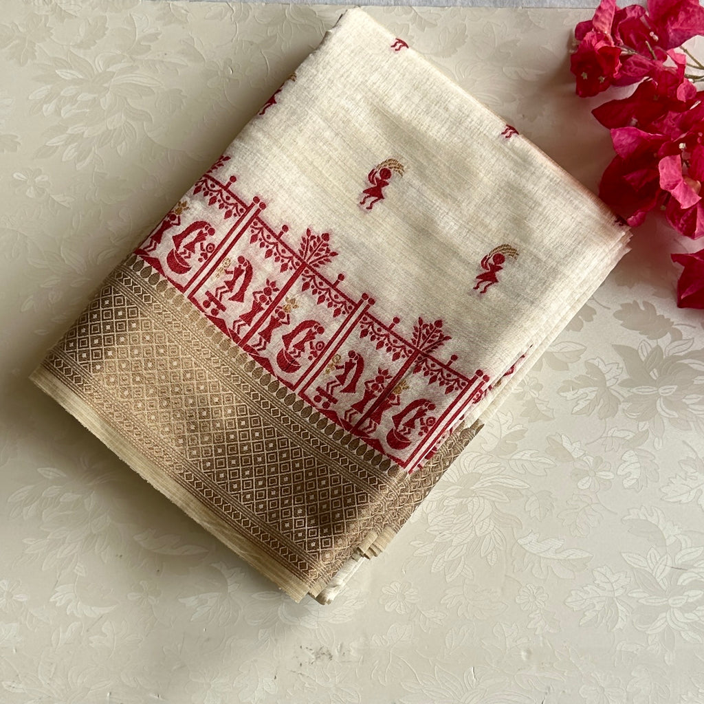 Ivory Maroon Folk Motif Saree With Gold Woven Border Tassel