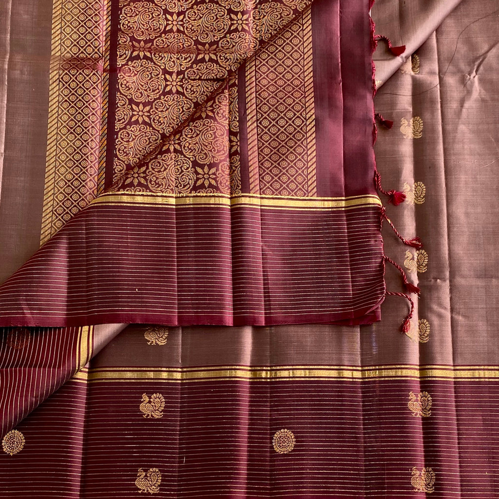Metallic Light Brown with Wine Brown With Rudraksh & Peacock Buttas