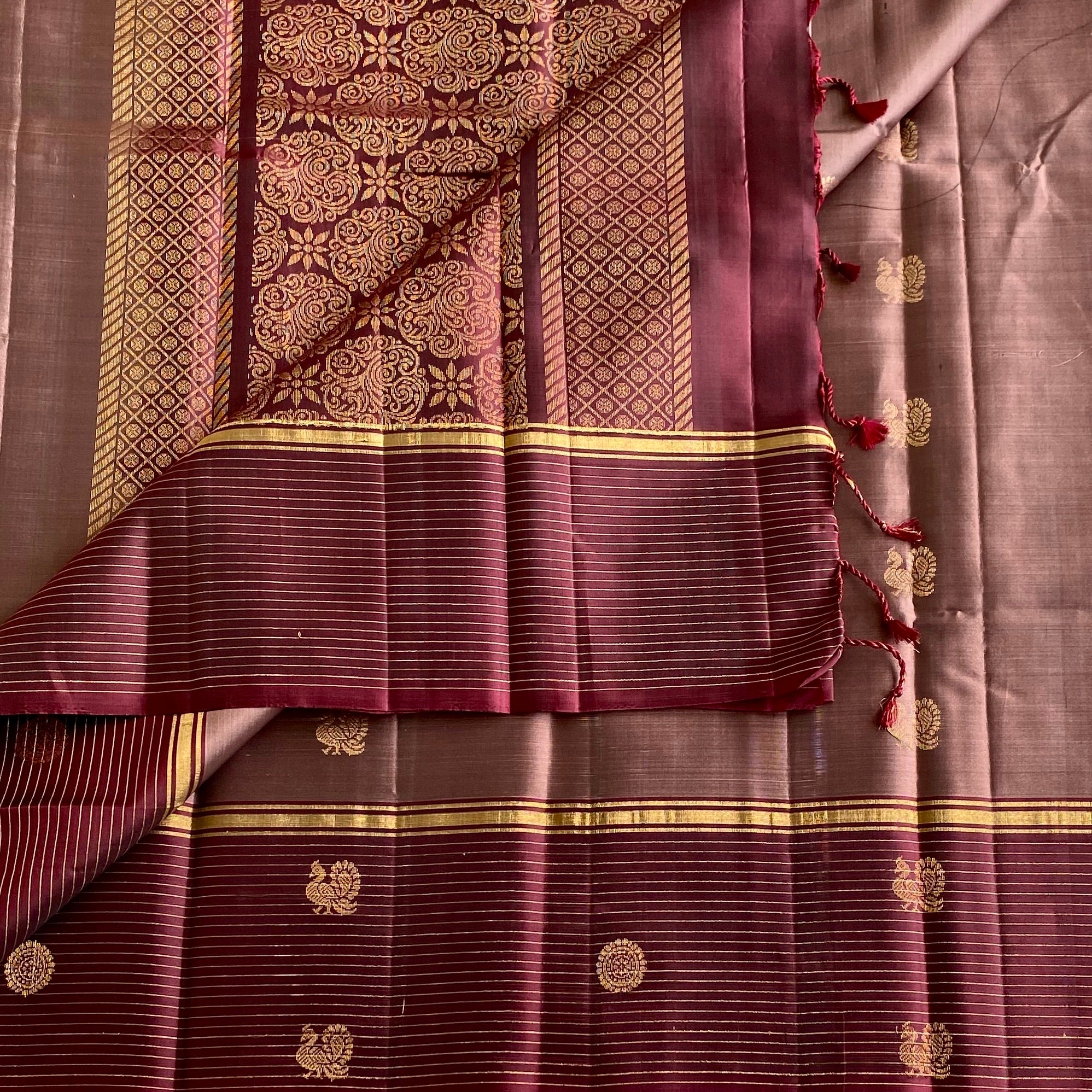 Metallic Light Brown with Wine Brown With Rudraksh & Peacock Buttas