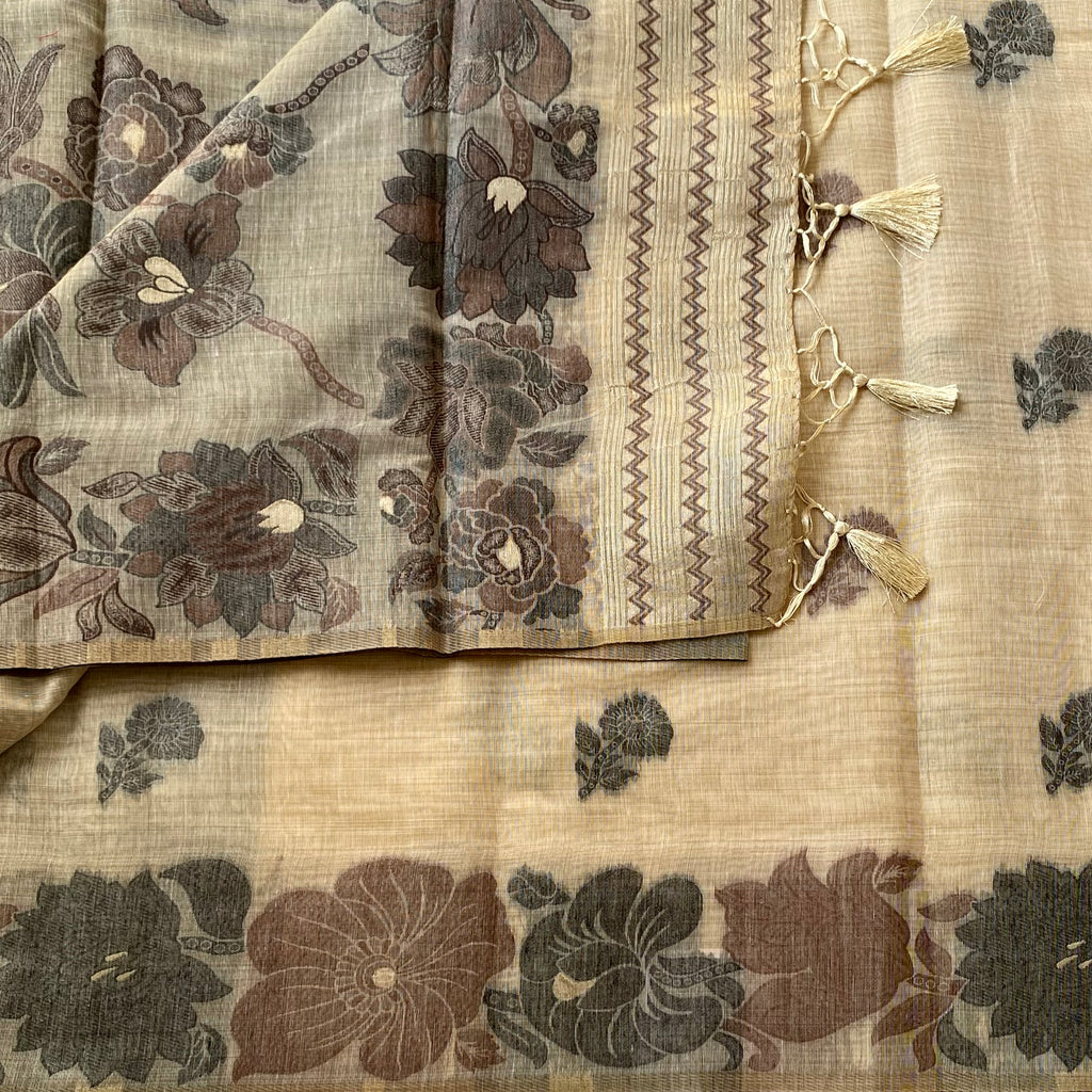 Muted Floral Linen Saree With Tassel Border Elegant Neutral Drapes