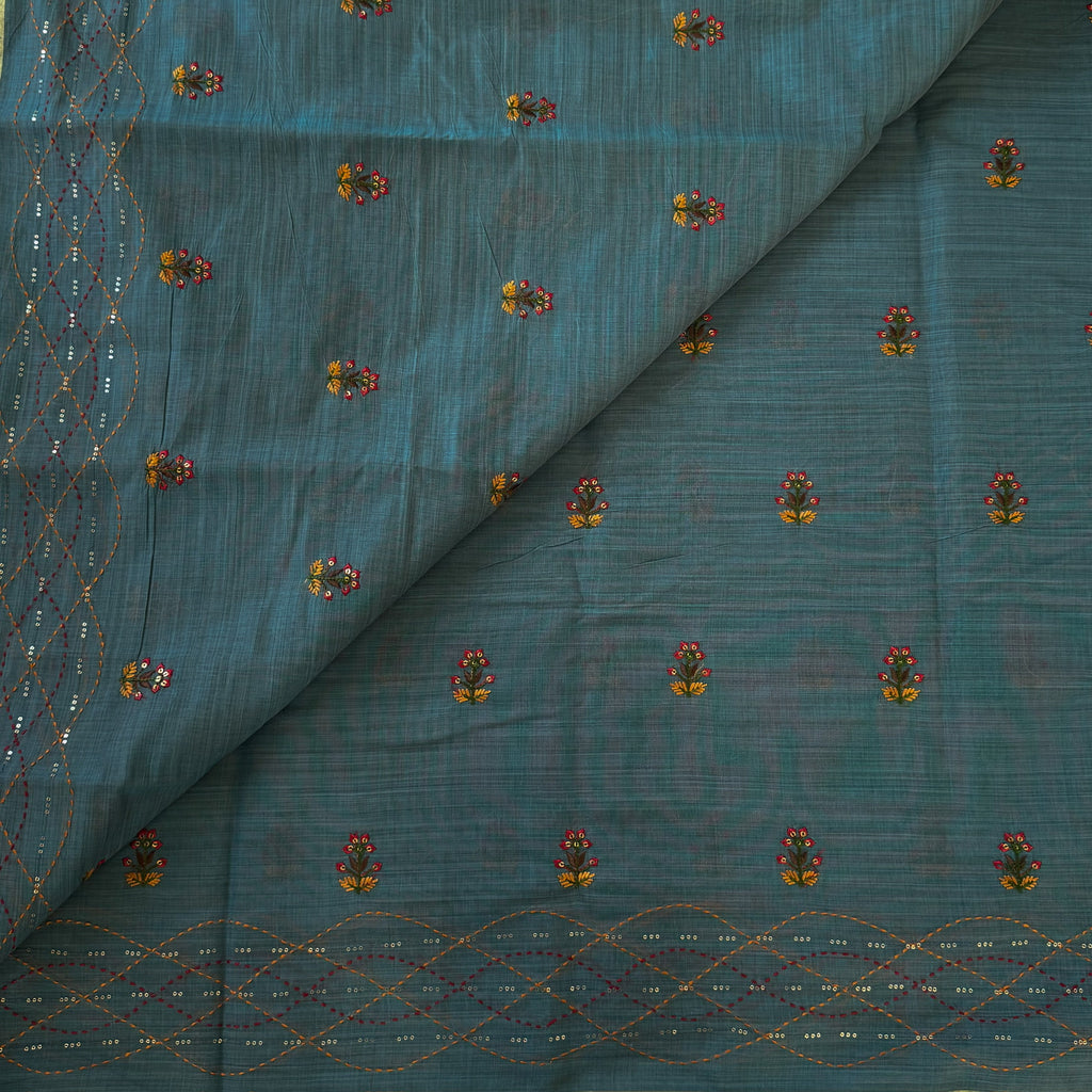 Teal Floral Embroidered Saree with Tassels and Lattice Mint Border