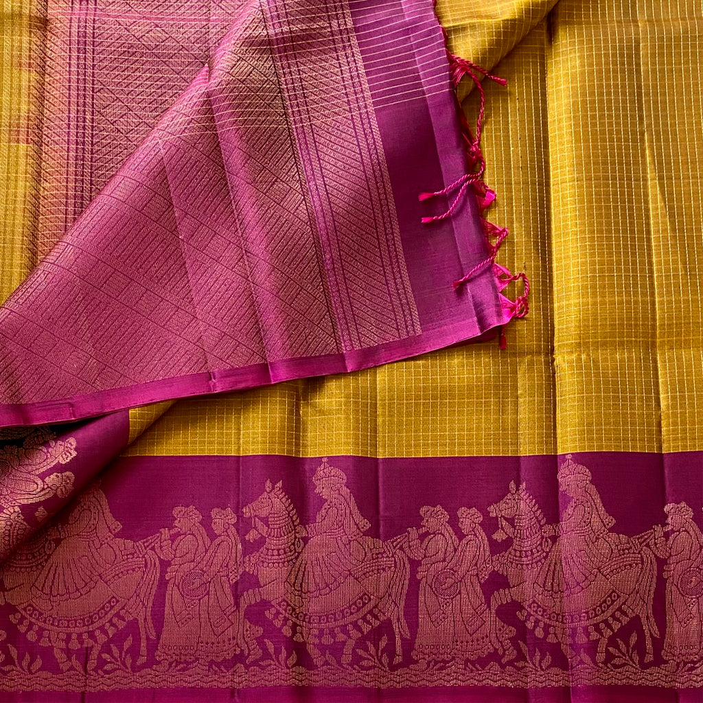 Mustard Gold Designer Pure Silk Saree With Rich Magenta Pallu