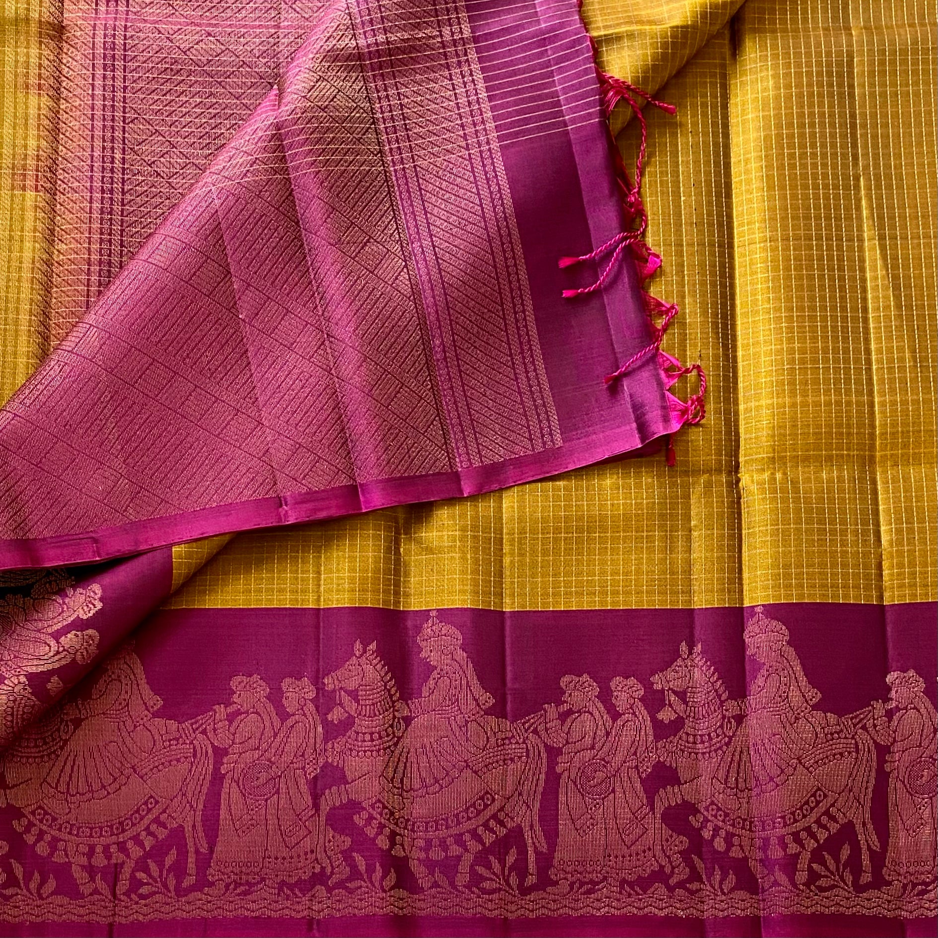 Mustard Gold Designer Pure Silk Saree With Rich Magenta Pallu