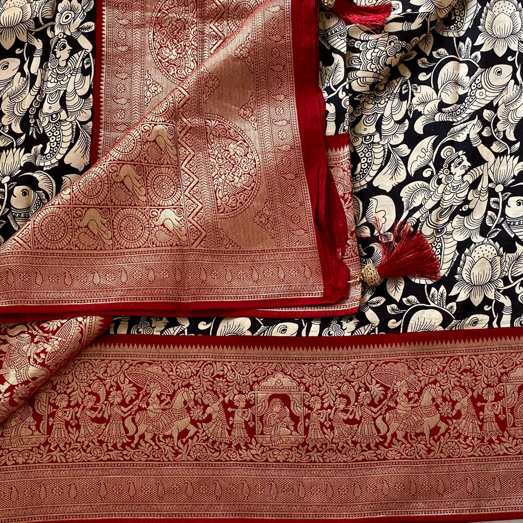 Jet Black Kalamkari Premium Tussar Silk With Deep Maroon Pallu