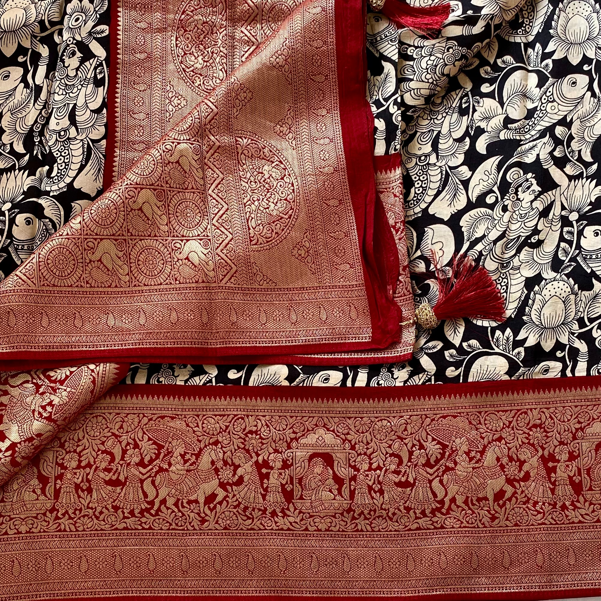 Jet Black Kalamkari Premium Tussar Silk With Deep Maroon Pallu