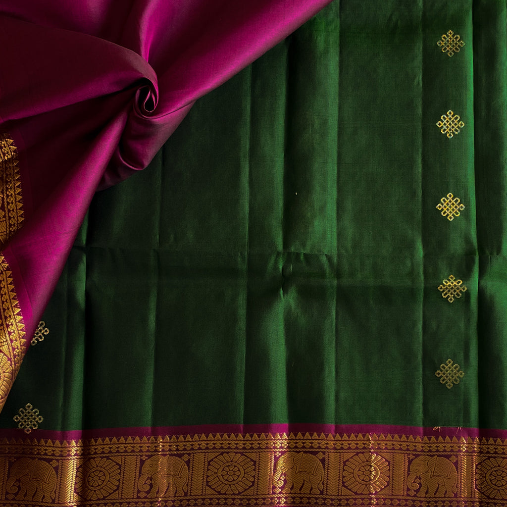 Emerald Green Silk Saree with Fuchsia Pallu Gold Zari Border