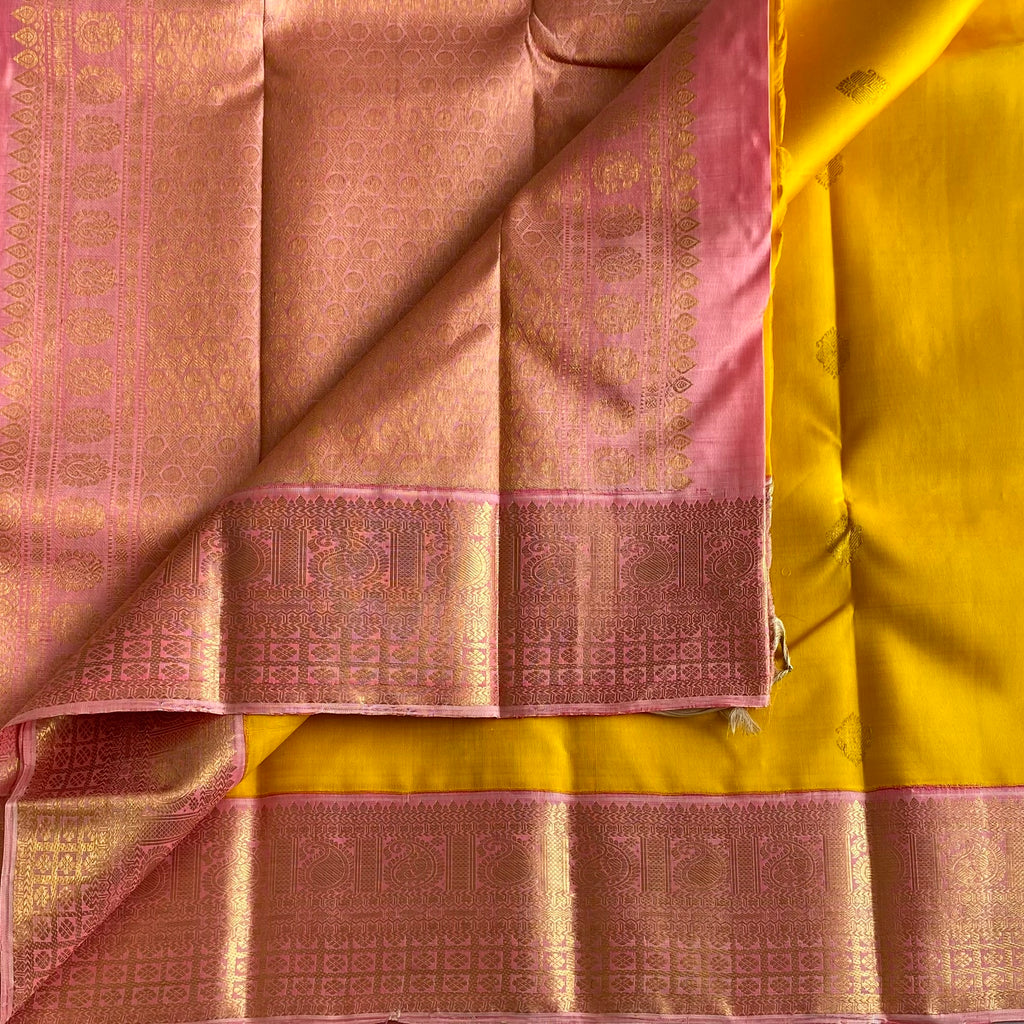 Golden Yellow With Stunner Metallic Rose Pink Pure Zari Kanjeevaram