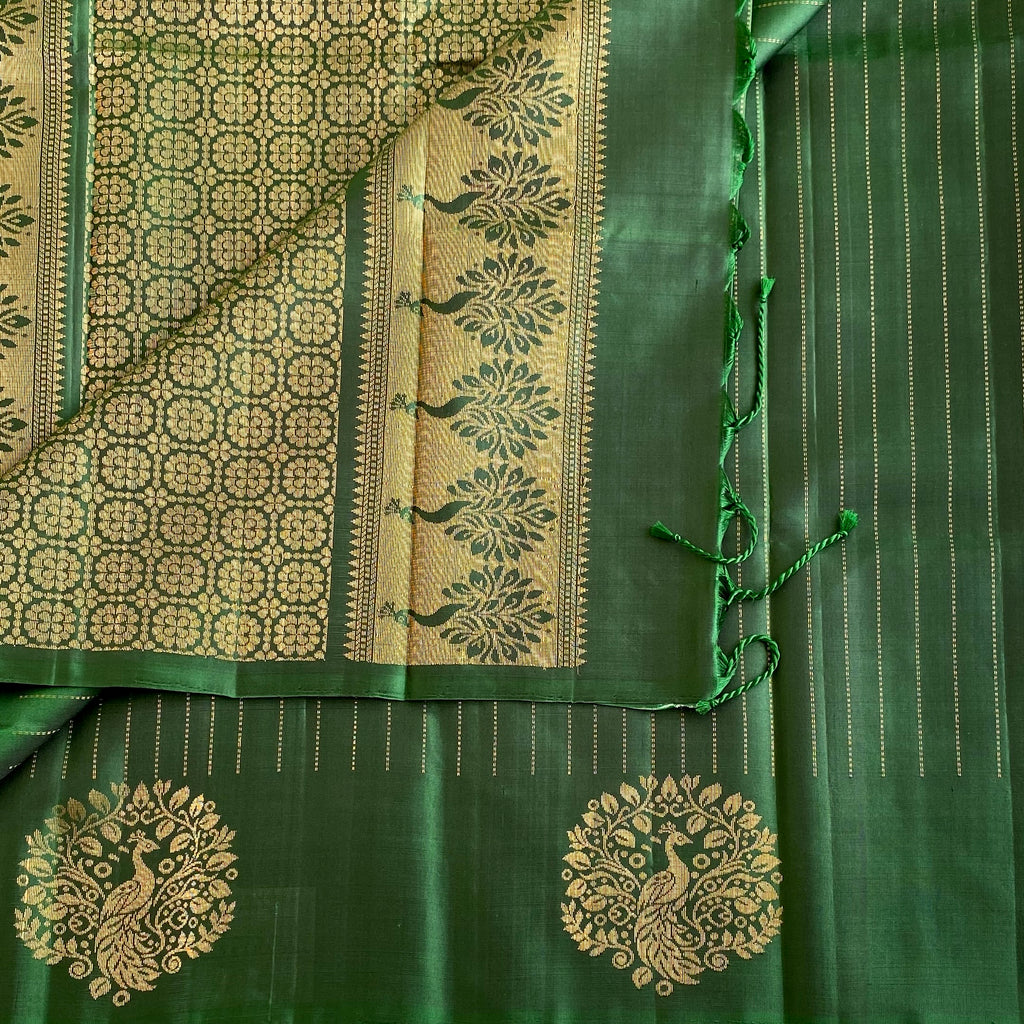 Forest Green Designer Pure Silk Saree With Antique Gold Pallu