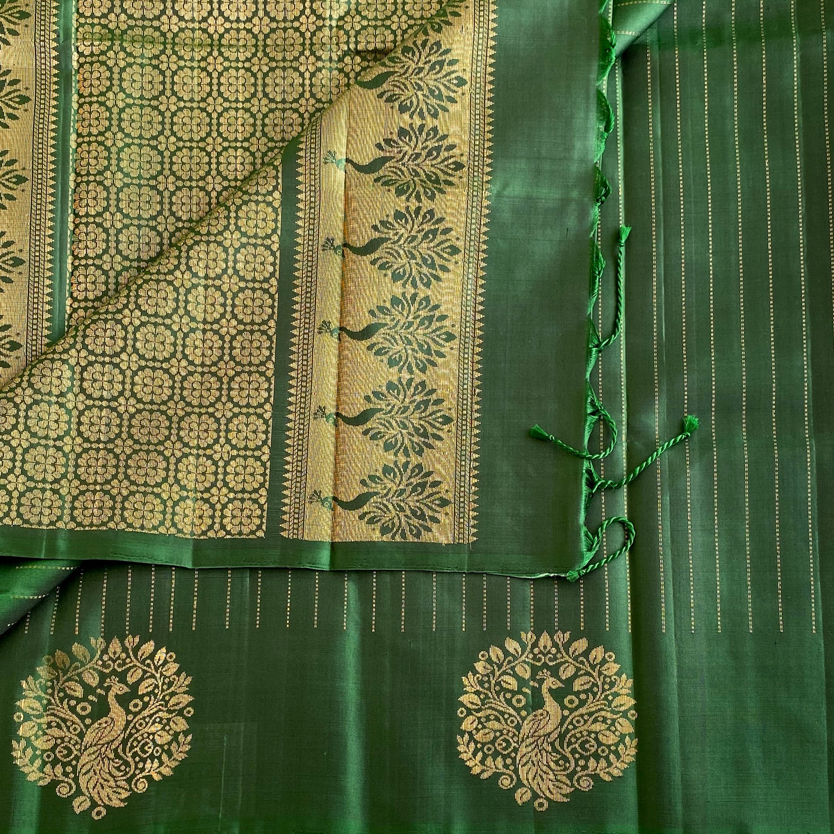 Forest Green Designer Pure Silk Saree With Antique Gold Pallu