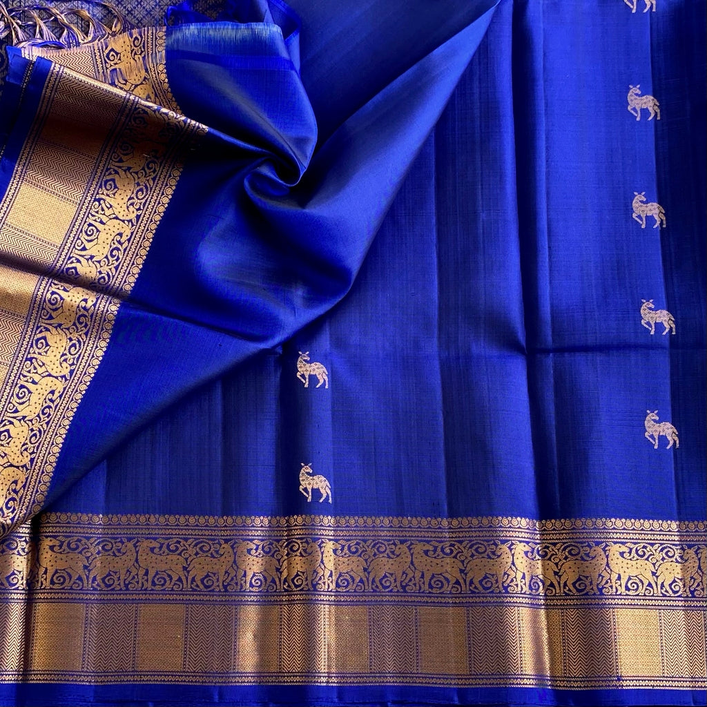 Royal Blue Designer Pure Silk Saree With Antique Gold Pallu And Elephant Motifs